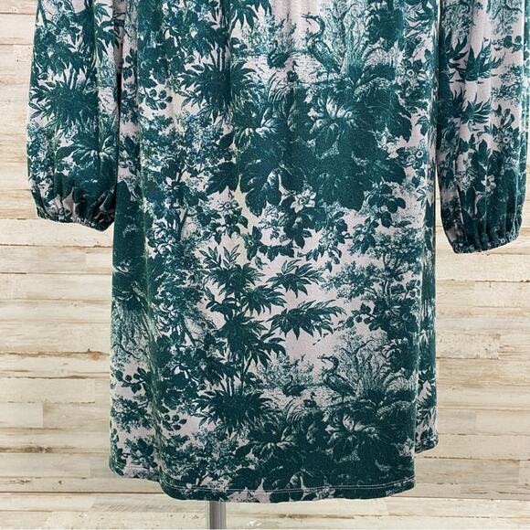 Jason Wu Stretch Long Sleeve Dress Womens Size M Teal Green Print Smocked Waist - Picture 4 of 13